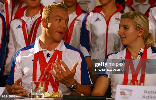 Chris Hoy speaks to the press during The British Olympic Association Welcome Home Press Conference at the Crowne Plaza Hotel Heathrow Airport on...