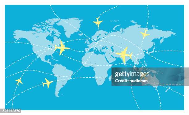 illustrazioni stock, clip art, cartoni animati e icone di tendenza di mappa del mondo vettoriale e compagnia aerea globale - time zone