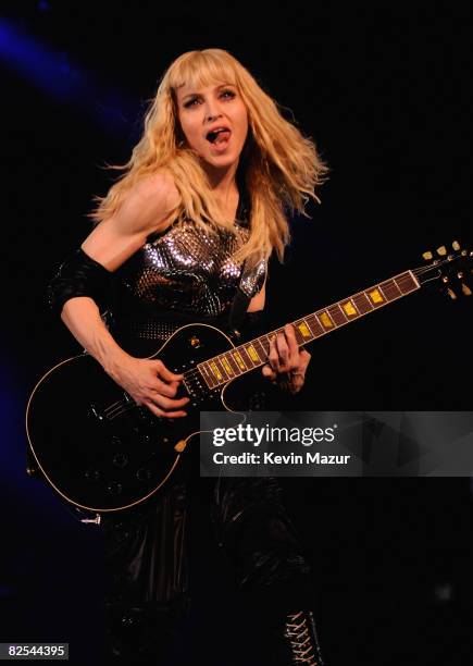 Madonna kicks off her highly anticipated Sticky & Sweet Tour promoting Number One album Hard Candy at the Millennium Stadium on August 23, 2008 in...