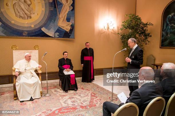 Pope Francis talks to President Rolf Koenigs during a private audience with Borussia Moenchengladbach in the Palace of the Vatican on August 02, 2017...