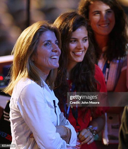 Caroline Kennedy Schlossberg and daughters Rose Schlossberg and Tatiana Schlossberg2 stand at the podium before the first session of day one of the...
