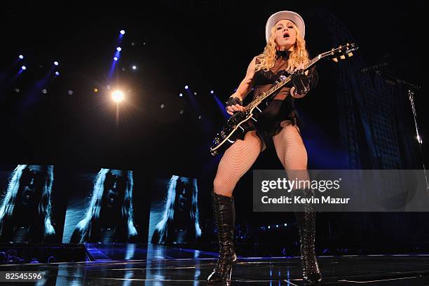 Madonna kicks off her highly anticipated Sticky & Sweet Tour promoting Number One album Hard Candy at the Millennium Stadium on August 23, 2008 in...