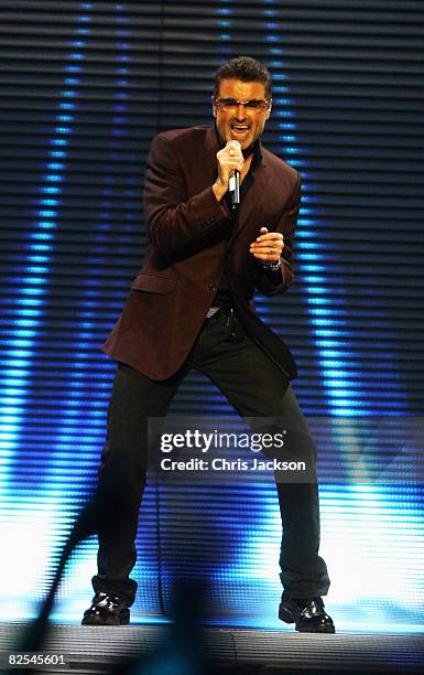 Singer George Michael performs on stage during his concert at Earls Court on August 25, 2008 in London.