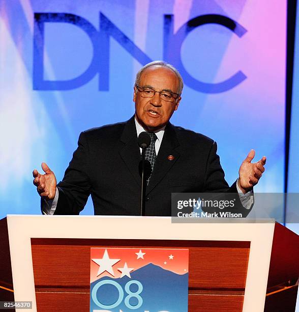 Rep. Joe Baca addresses the gathered delegates during day one of the Democratic National Convention at the Pepsi Center August 25, 2008 in Denver,...