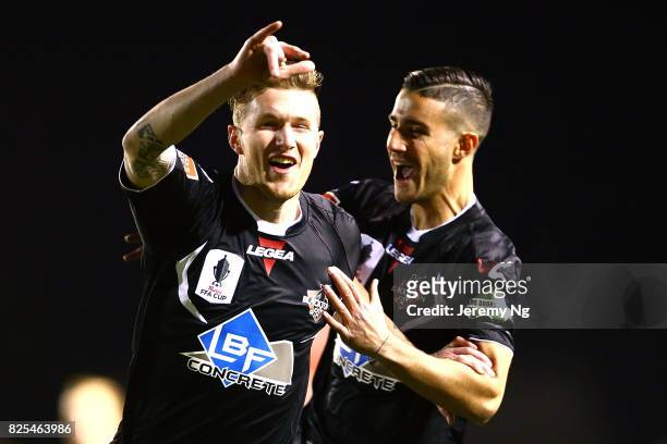 Joey Gibbs of Blacktown City scores a goal during the FFA Cup round of 32 match between Blacktown City and the Central Coast Mariners at Lilys...