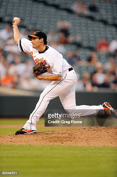 Rocky Cherry of the Baltimore Orioles pitches against the Chicago White Sox at Camden Yards August 25, 2008 in Baltimore, Maryland. In a continuation...