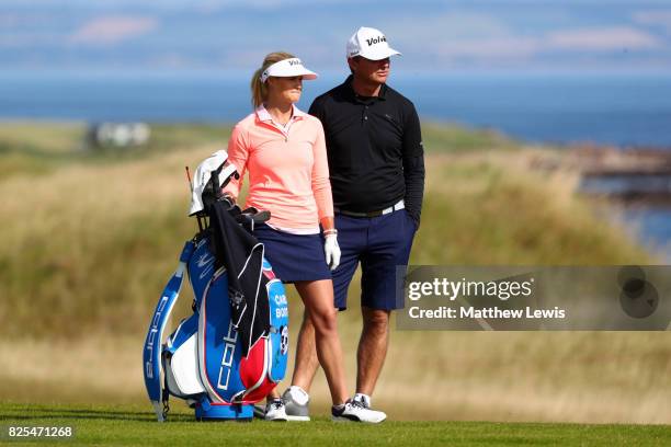 Carly Booth of Scotland looks on during a practice round prior to the Ricoh Women's British Open at Kingsbarns Golf Links on August 2, 2017 in...