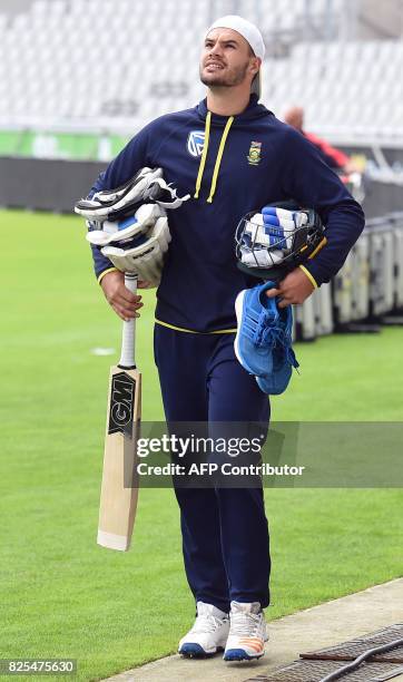 South Africa's Aiden Markram attends a nets practice session at Old Trafford cricket ground in Manchester, north west England on August 2 aahed of...