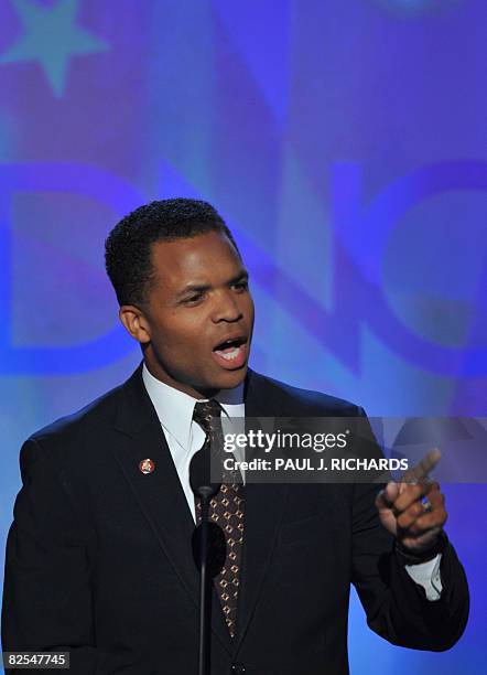 Member of the House of Representatives of Illinois Jesse Jackson Jr. Addresses the audience at the Democratic National Convention 2008 at the Pepsi...