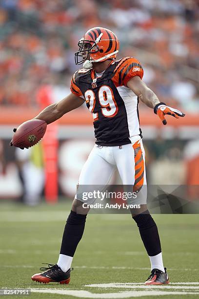 Leon Hall of the Cincinnati Bengals celebrates on the field during the NFL game against the New Orleans Saints at Paul Brown Stadium on August 23,...