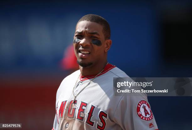 Ben Revere of the Los Angeles Angels of Anaheim after grounding out to end the ninth inning during MLB game action against the Toronto Blue Jays at...