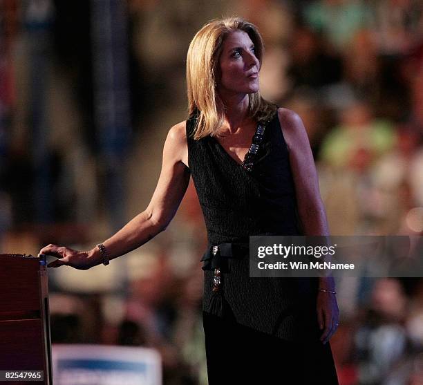 Caroline Kennedy Schlossberg looks back at the screen during a video presentation on day one of the Democratic National Convention at the Pepsi...