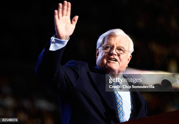 Sen. Edward Kennedy waves to the crowd during day one of the Democratic National Convention at the Pepsi Center August 25, 2008 in Denver, Colorado....