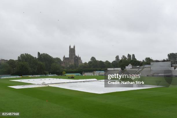 Match start is delayed due to rain during day three of the Second Under 19s Youth Test Series between England and India at New Road on August 2, 2017...