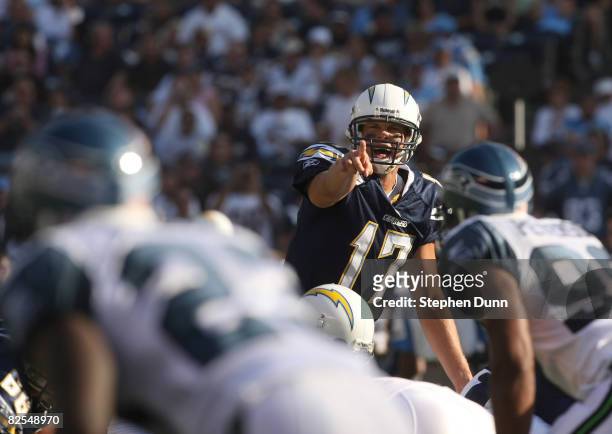 Quarterback Philip Rivers of the San Diego Chargers calls signals against the Seattle Seahawks on August 25, 2008 at Qualcomm Stadium in San Diego,...