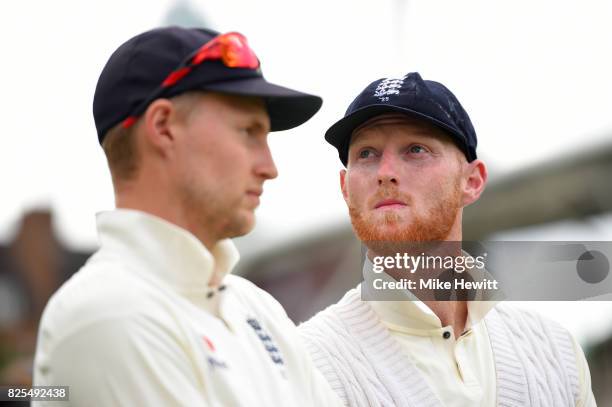 Ben Stokes and Joe Root of England look on during the after match presentations during the 3rd Investec Test between England and South Africa at The...