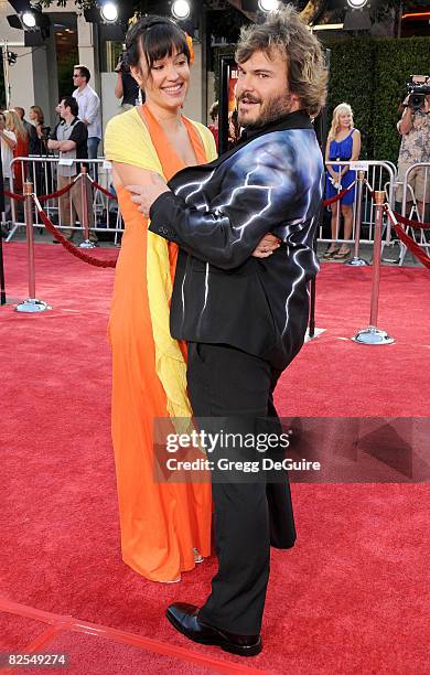 Actor Jack Black and wife Tanya Haden arrives at the Los Angeles Premiere Of "Tropic Thunder" at the Mann's Village Theater on August 11, 2008 in Los...