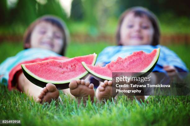 happy little children, boy brothers with watermelon in a garden, summertime - protest against a programe to allegedly improve of students and fight hunger stockfoto's en -beelden