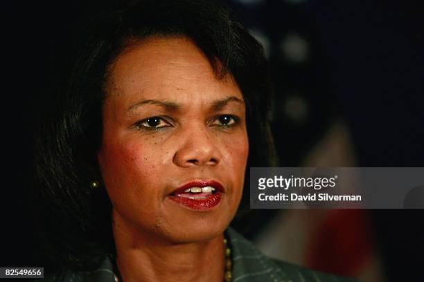 Secretary of State Condoleezza Rice talks during her press conference with Israeli Foreign Minister Tzipi Livni August 26, 2008 in Jerusalem. Rice is...