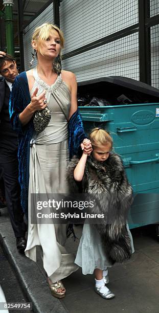 Kate Moss and daughter Lila Moss attend Leah Wood and Jack MacDonald's Wedding on June 21, 2008 in London, England.