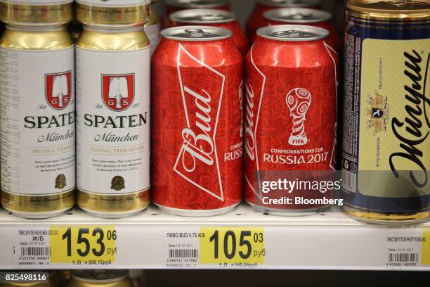 Cans of foreign beer including Spaten-Franziskaner-Braeu GmbH and Russia 2017 Confederations Cup branded Bud, manufactured by Budweiser-Busch...