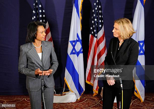 In this handout photo provided by the U.S. Embassy in Tel Aviv, Secretary of State Condoleezza Rice attends a press conference with Israeli Foreign...