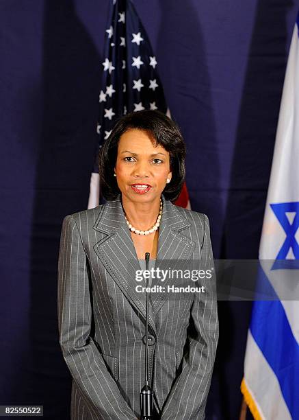 In this handout photo provided by the U.S. Embassy in Tel Aviv, Secretary of State Condoleezza Rice attends a press conference with Israeli Foreign...