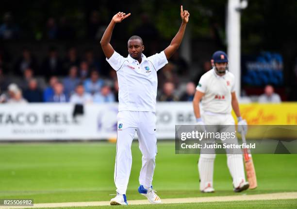 Miguel Cummins of the West Indies celebrates taking the wicket of Ryan Ten Doeschate of Essex during the Tour Match between Essex and West Indies at...