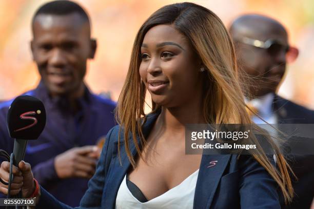Minnie Dlamini during the Carling Black Label Champion Cup match between Orlando Pirates and Kaizer Chiefs at FNB Stadium on July 29, 2017 in...