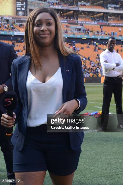 Minnie Dlamini during the Carling Black Label Champion Cup match between Orlando Pirates and Kaizer Chiefs at FNB Stadium on July 29, 2017 in...