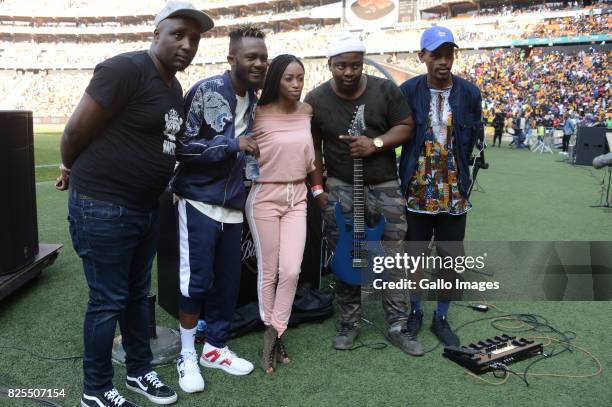 Kwesta and Thabise with crew during the Carling Black Label Champion Cup match between Orlando Pirates and Kaizer Chiefs at FNB Stadium on July 29,...