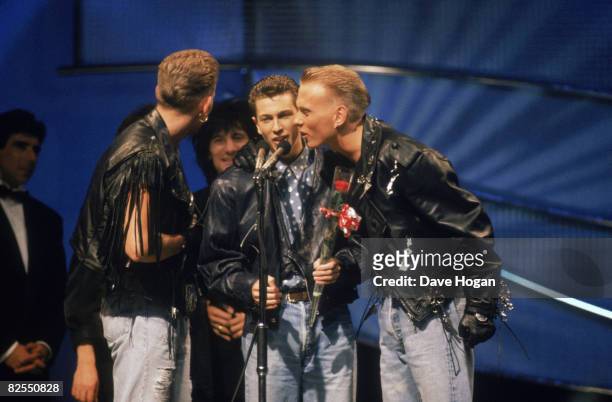 Boy band Bros accepting their award for British breakthrough act at the BRIT Awards ceremony at the Royal Albert Hall, London, 18th February 1989....