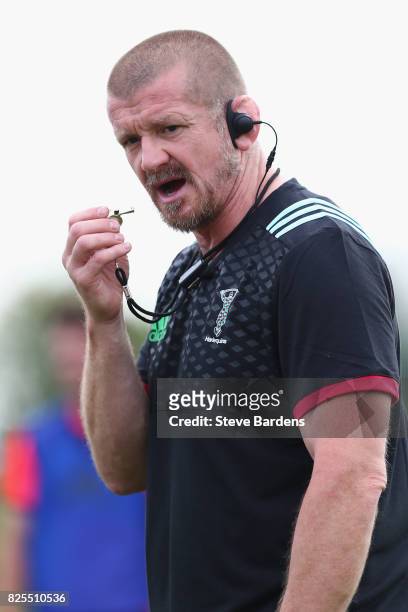 The Harlequins forwards coach, Graham Rowntree looks on during a training session at the Adi-Dassler Stadion on August 2, 2017 in Herzogenaurach,...