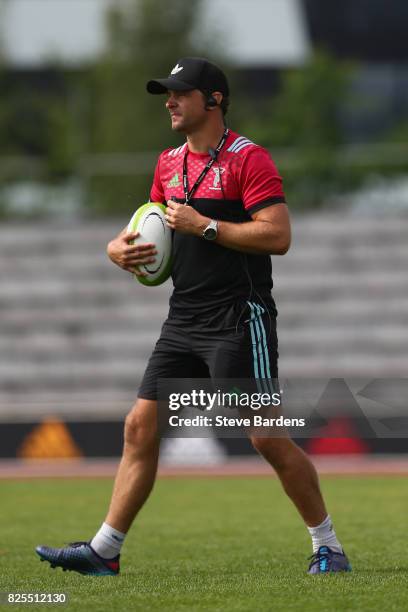 The Harlequins Attack coach Nick Evans gives directions during a training session at the Adi-Dassler Stadion on August 2, 2017 in Herzogenaurach,...