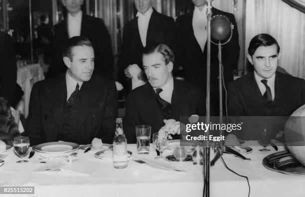 From left to right, American diplomat W. Averell Harriman , Anthony Eden, the British Foreign Secretary, and John Gilbert Winant, the US Ambassador...