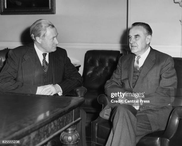 American diplomat W. Averell Harriman , the US Under-Secretary of State, during talks with Duncan Sandys , the Commonwealth and Colonial Secretary,...