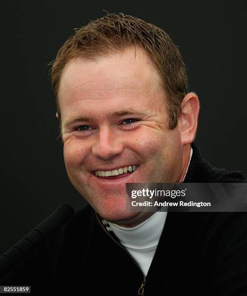 Alastair Forsyth of Scotland talks to the media during practice for The Johnnie Walker Championship at Gleneagles on August 26, 2008 at the...