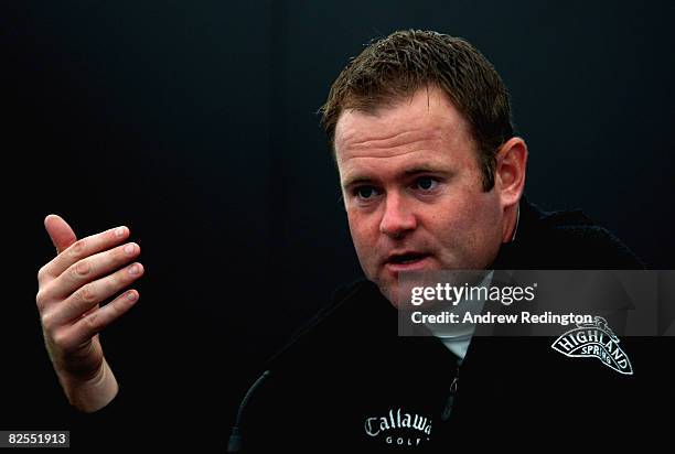 Alastair Forsyth of Scotland talks to the media during practice for The Johnnie Walker Championship at Gleneagles on August 26, 2008 at the...
