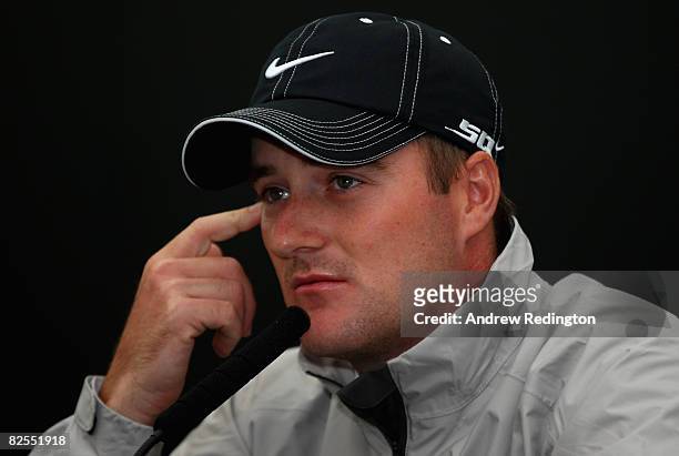 Marc Warren of Scotland talks to the media during practice for The Johnnie Walker Championship at Gleneagles on August 26, 2008 at the Gleneagles...