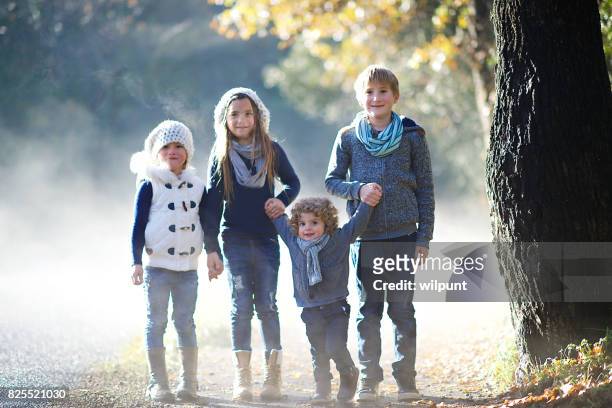 geschwister in nebligen winter-szene - familie mit vier kindern stock-fotos und bilder