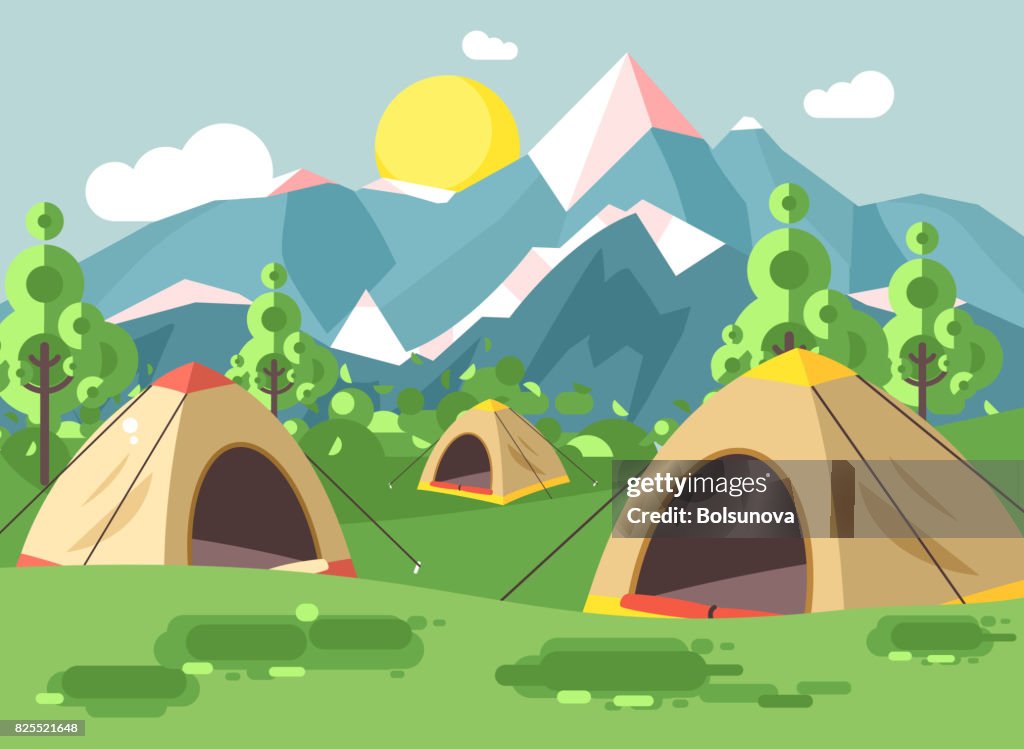 Paisaje De Parque Nacional De Naturaleza Vector Ilustración Dibujos Animados Con Tres Carpas Camping Senderismo Reglas De Supervivencia Arbustos Césped Árboles Día Soleado Durante El Día Al Aire Libre Fondo De Montañas Paisaje De Parque Nacional De Naturaleza Vector Ilustración Dibujos Animados Con Tres Carpas Camping Senderismo Reglas De Supervivencia Arbustos Césped Árboles Día Soleado Durante El Día Al Aire Libre Fondo De Montañas