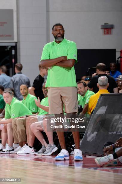 Walter McCarty of the Boston Celtics coaches during the 2017 Las Vegas Summer League game against the Golden State Warriors on July 13, 2017 at the...