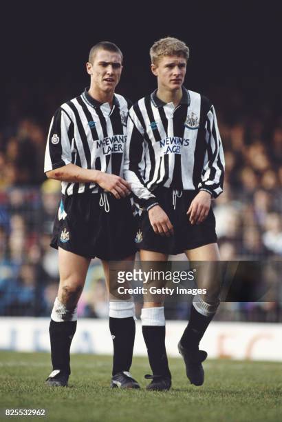 Newcastle players Lee Clark and Lee Makel form a wall during a second division match against Southend United at Roots Hall on January 1, 1992 in...