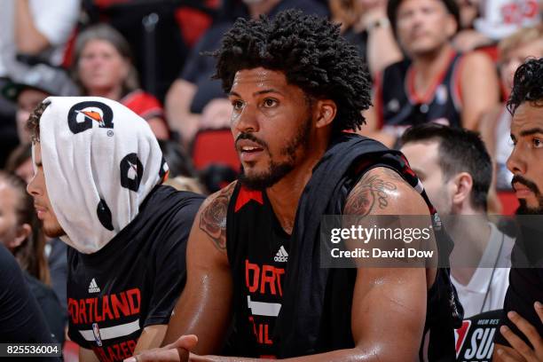 Keith Benson of the Portland Trail Blazers sits on the bench during the 2017 Las Vegas Summer League game against the Toronto Raptors on July 13,...