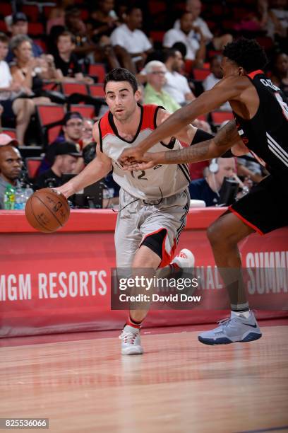 Will Sheehey of the Toronto Raptors drives to the basket during the 2017 Las Vegas Summer League game against the Portland Trail Blazers on July 13,...