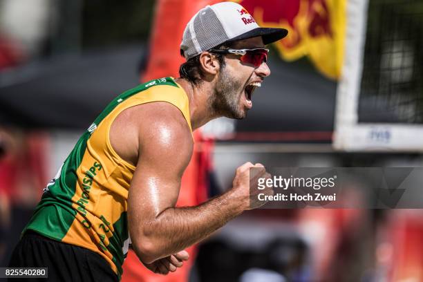Bruno Oscar Schmidt of Brazil celebrates during Day 6 of the FIVB Beach Volleyball World Championships 2017 on August 2, 2017 in Vienna, Austria.
