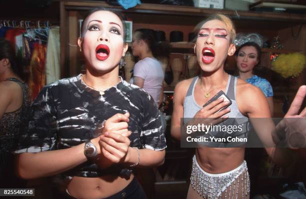 Transsexual and transvestite performers rehearse backstage before a cabaret show at a nightclub in Soi 4 off Silom Road in downtown Bangkok....