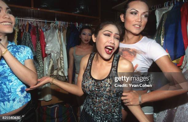 Transsexual and transvestite performers rehearse backstage before a cabaret show at a nightclub in Soi 4 off Silom Road in downtown Bangkok....