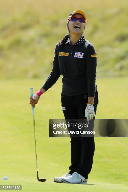 Mi Hyang Lee of Korea laughs during a practice round prior to the Ricoh Women's British Open at Kingsbarns Golf Links on August 2, 2017 in...