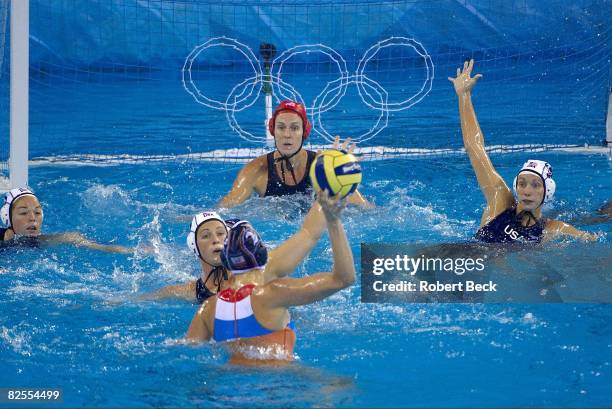 Summer Olympics: USA goalie Elizabeth Armstrong in action vs Netherlands during Women's Gold Medal Match at Yingdong Natatorium. Beijing, China...